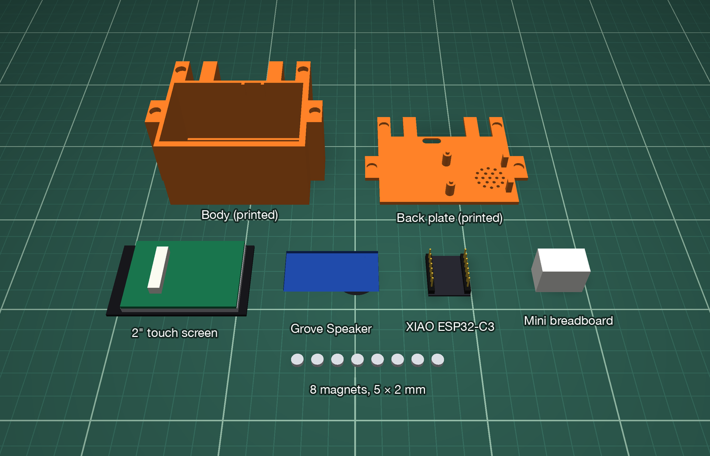 All parts laid out on a cutting mat: orange printed body and back plate, touch screen, Grove Speaker, XIAO board, mini breadboard and eight magnets