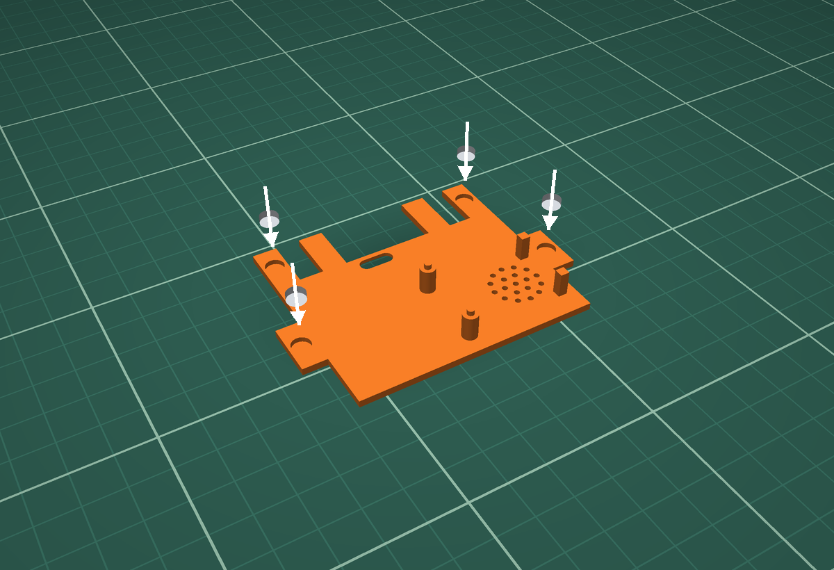 Back plate with its inner face up; four magnets drop into pockets near the arms and legs