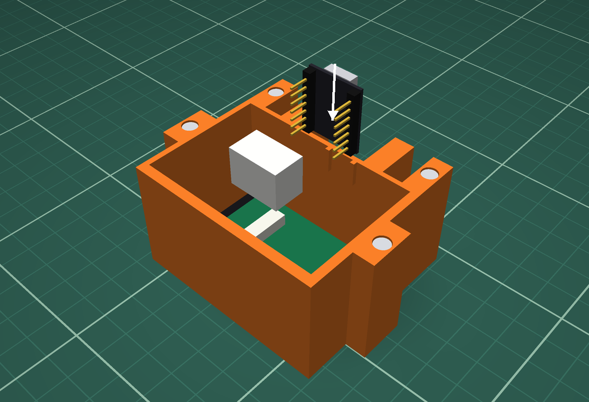 Body with screen fitted; XIAO board being lowered along the bottom wall with its USB port at the open back; breadboard and antenna already inside