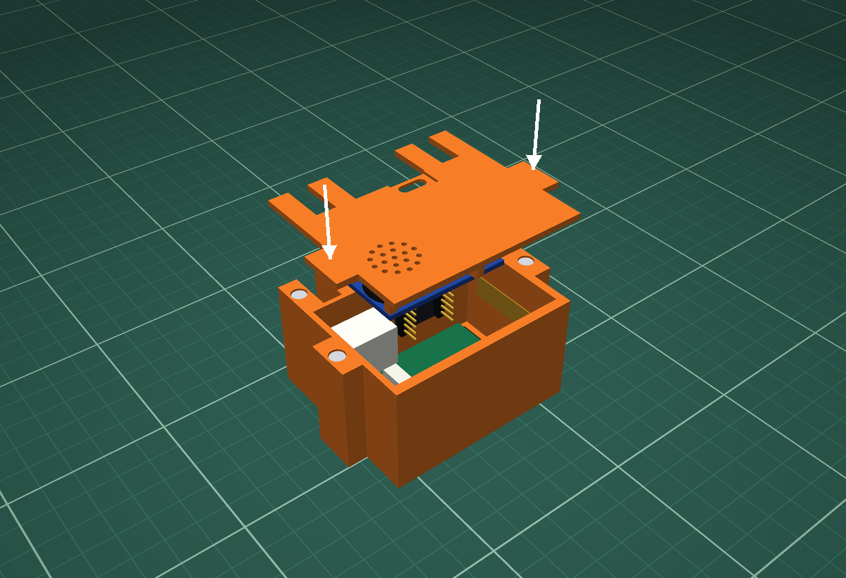 Back plate, with the speaker underneath it, lowered onto the open back of the body; magnets line up in the arms